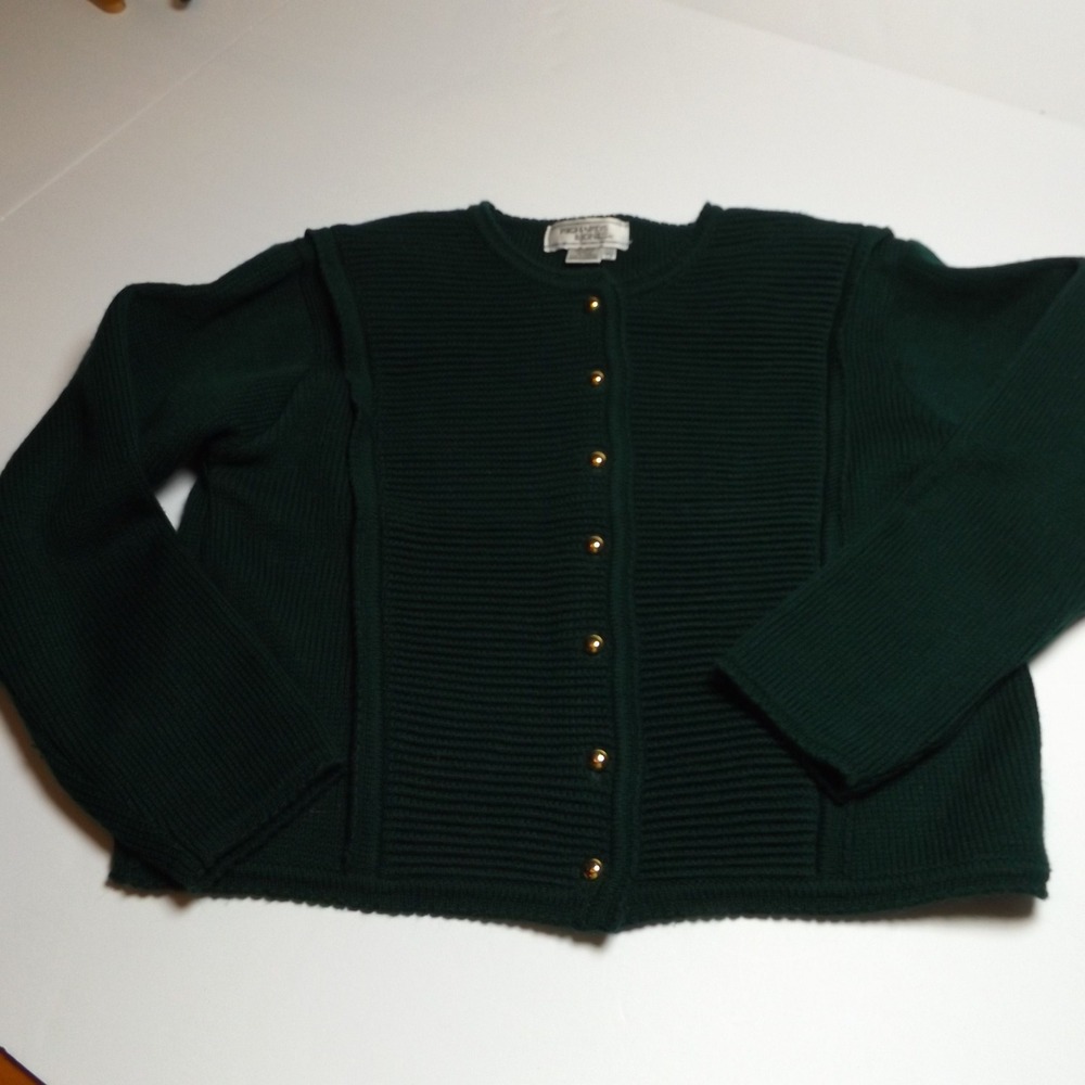 Richards & Jones Green Ribbed Knit Cardigan Gold Button Sweater Womens Small